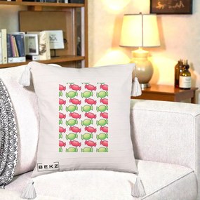 Perna Decorativa Bomboane Craciun Pattern, 40x40 cm, Bej cu Franjuri, Husa Detasabila, Perna Inclusa, BEKZ®