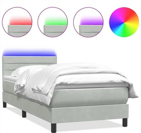 vidaXL Pat cu arcuri cu saltea și LED, gri deschis, 90x220 cm, catifea