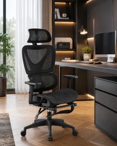 RIGACHAIR PRO Scaun ergonomic, sezut translatie, cotiere 2D, tetiera 2D, recliner 155°, suport picioare, Full Mesh, Negru