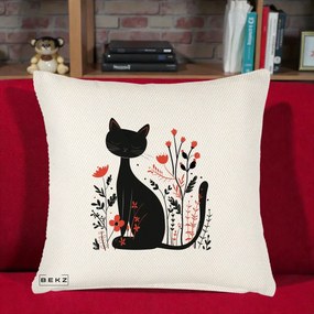 Perna Decorativa Pisica Neagra Flori Rosii Folk Minimal, 40x40 cm, Crem Reliefat, Husa Detasabila, Perna Inclusa, BEKZ®