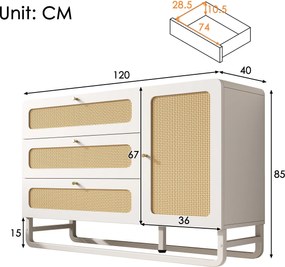 Comodă în stil rustic cu ratan și mânere aurii, 3 sertare și 1 ușă, 120x40x85 cm, Alb
