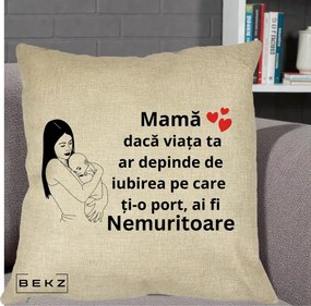 Cadou pentru Mama - Perna Personalizata Mama Nemuritoare Linie, 40x40 cm, Crem, Husa Detasabila, Perna Inclusa, BEKZ®