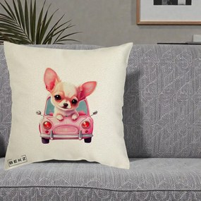 Perna Decorativa Chihuahua Roz in Masinuta, 40x40 cm, Ecru, Husa Detasabila, Perna Inclusa, BEKZ®