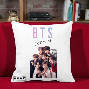 Perna Personalizata K-pop BTS Forever cu Foto Grup Negru, 40x40 cm, Alba Mata, Husa Detasabila, Perna Inclusa, BEKZ®