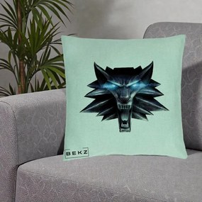 Perna Decorativa The Witcher Wolf Head, 40x40 cm, Verde Menta, Husa Detasabila, Perna Inclusa, BEKZ®
