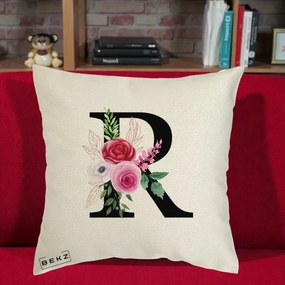 Cadou Personalizat - Perna Personalizata Monograma Florala Litera R, 40x40 cm, Ecru, Husa Detasabila, Perna Inclusa, BEKZ®