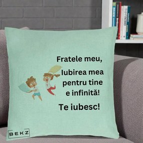 Cadou pentru Frate - Perna Personalizata Fratele Meu Te Iubesc Copii Batalie Perne, 40x40 cm, Verde Menta, Husa Detasabila, Perna Inclusa, BEKZ®