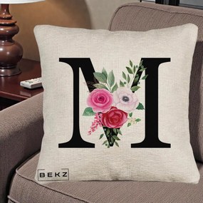 Cadou Personalizat - Perna Personalizata Monograma Florala Litera M cu Trandafiri si Anemona, 40x40 cm, Bej Canapea, Husa Detasabila, Perna Inclusa, BEKZ®