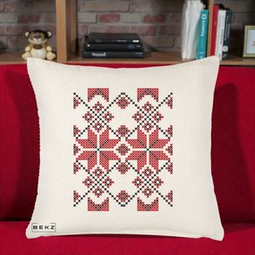Perna Personalizata Motiv Traditional Cusatura Rosu-Negru, 40x40 cm, Crem Reliefat, Husa Detasabila, Perna Inclusa, BEKZ®