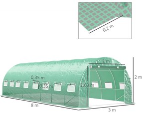 Outsunny Seră de grădină tunel 24m² 8L x 3l x 2H m - 16 ferestre, Ușă înfășurabilă oțel galvanizat, folie PE, Verde | Aosom Romania