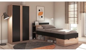 Pat negru/în culoare naturală cu aspect de lemn de stejar cu spațiu de depozitare fără somieră 90x200 cm Albo – Marckeric