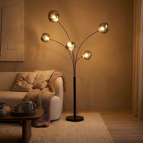 Lampa de podea moderna cu 5 globuri sticla fumurie LIQUID DIAMOND