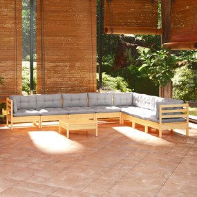 3096808 vidaXL Set mobilier de grădină cu perne gri, 9 piese, lemn masiv pin