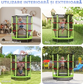 HOMCOM Saltea Elastică pentru Copii 3-6 Ani cu Plasă de Protecție, 6 Stâlpi și 3 Intrări, Ø140x190 cm, Verde | Aosom Romania