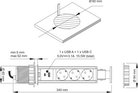 Priză încorporabilă în blat Lift Box Design Light, 3 prize Schuko, USB A + C, negru, D: 60 mm Plastic, Negru, D:60 mm