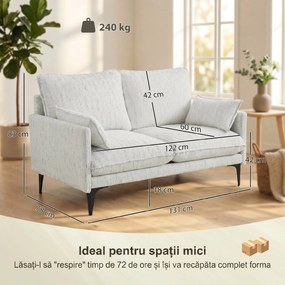 HOMCOM Canapea 2 Locuri cu Brațe, Perne Groase și 2 Perne, 131x78x83 cm, Alb | Aosom Romania