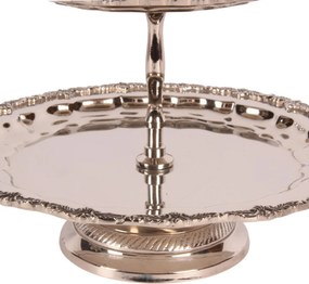 Etajeră pentru prăjituri cu 2 niveluri, din alamă lucrată manual, argintie, aspect vintage, cu margini festonate și mâner decorativ, finisaj