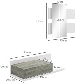 Mobilier de Intrare 2 in 1 cu Oglinda de Perete 75x3.5x75cm si Sertar 75x30.5x20cm, pentru hol, din MDF si Sticla, Gri-Alb HOMCOM | Aosom Romania