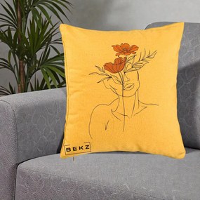 Perna Decorativa Portret Feminin Doua Flori, 40x40 cm, Galben, Husa Detasabila, Perna Inclusa, BEKZ®