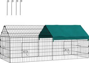 PawHut Cușcă pentru Iepuri și Găini de Exterior și Interior cu Protecție Solară și Grilaj Metalic, Coteț Recint pentru Animale Mici, Găini, 185x75x75 cm, Verde | Aosom Romania