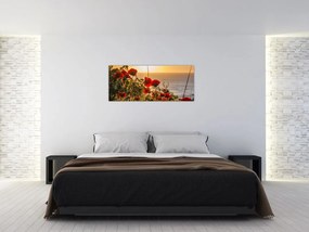 Tablou cu apus de soare cu flori de maci (120x50 cm)