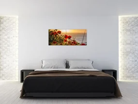Tablou cu apus de soare cu flori de maci (120x50 cm)
