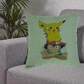 Perna Personalizata Ash si Pikachu, 40x40 cm, Verde, Husa Detasabila, Perna Inclusa, BEKZ®