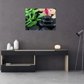 Tablou pe sticlă - Pietre și orhidee (70x50 cm)