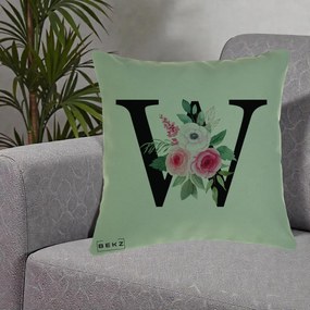 Cadou Personalizat - Perna Personalizata Monograma Florala Litera W cu Trandafiri si Anemona, 40x40 cm, Verde, Husa Detasabila, Perna Inclusa, BEKZ®