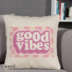 Perna Decorativa Good Vibes Retro Roz, 40x40 cm, Bej Canapea, Husa Detasabila, Perna Inclusa, BEKZ®