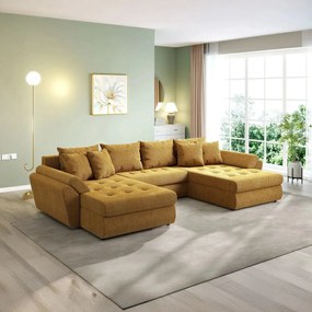 Colțar extensibil dumonde cu ladă de depozitare si sezut confortabil din spuma high-density, Loana U Zoom Mustar 355x185 cm