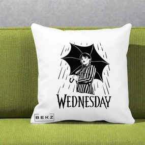 Perna Personalizata Wednesday cu Umbrela Ploaie Lineart, 40x40 cm, Alba Mata, Husa Detasabila, Perna Inclusa, BEKZ®