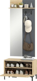 HOMCOM Set garderobă pentru hol, bancă pentru pantofi, oglindă, 3 cârlige, raft deschis, mobilier de hol, Lemn natural+Gri | Aosom Romania