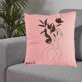 Perna Decorativa Portret Feminin Crin Verde, 40x40 cm, Roz, Husa Detasabila, Perna Inclusa, BEKZ®