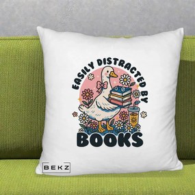 Perna Personalizata Easily Distracted by Books, 40x40 cm, Alb Pufos, Husa Detasabila, Perna Inclusa, BEKZ®