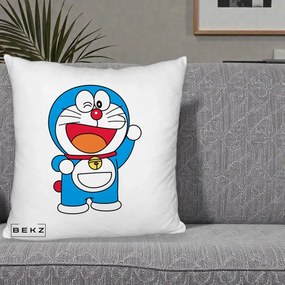 Perna Personalizata Doraemon Salutand, 40x40 cm, Alb Pufos, Husa Detasabila, Perna Inclusa, BEKZ®