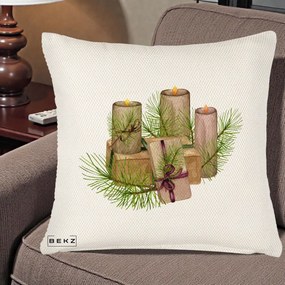 Perna Decorativa Lumanari cu Cadouri Naturale, 40x40 cm, Crem Reliefat, Husa Detasabila, Perna Inclusa, BEKZ®