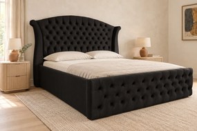 Pat tapițat Chesterfield din catifea Sorella Simple 160×200 cm, negru, cu ladă de depozitare
