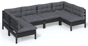 3097155 vidaXL Set mobilier grădină cu perne, 6 piese, negru, lemn masiv pin