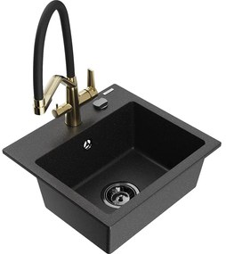 Mexen Milo chiuvetă de bucătărie din granit cu 1 cuvă și baterie Duo, negru/argintiu metalic - 6505-73-671701-57-B