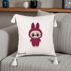 Perna Personalizata Labubu Rosu-Visiniu Solo, 40x40 cm, Bej cu Franjuri, Husa Detasabila, Perna Inclusa, BEKZ®