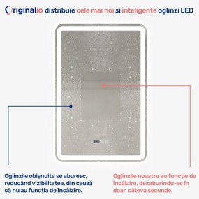 Oglindă LED Dreptunghiulară (60x90 cm), 3 Moduri Iluminare (Lumină Rece, Naturală, Caldă), Intensitate Reglabilă, Funcție Dezaburire, Ceas (Timer) și Termometru, Control Tactil (Touch)