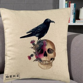 Perna Decorativa Craniu cu Corb si Flori Gothic, 40x40 cm, Bej, Husa Detasabila, Perna Inclusa, BEKZ®