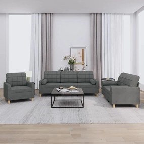 vidaXL Set de canapele cu perne, 3 piese, gri închis, textil