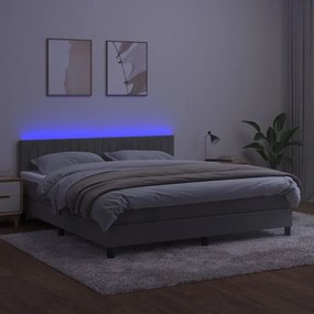 Pat cu arcuri, saltea si LED, gri deschis, 160x200 cm, catifea Gri deschis, 160 x 200 cm, Benzi verticale