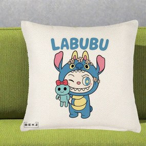 Perna Personalizata Labubu x Stitch cu Flori, 40x40 cm, Crem Reliefat, Husa Detasabila, Perna Inclusa, BEKZ®