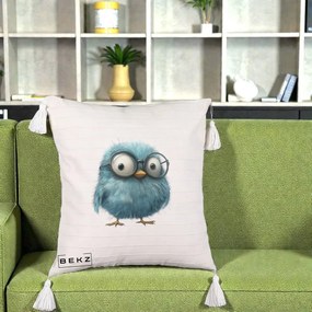 Perna Decorativa Pui Pufos Teal cu Ochelari, 40x40 cm, Bej cu Franjuri, Husa Detasabila, Perna Inclusa, BEKZ®