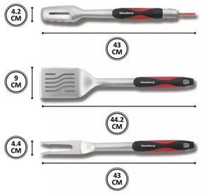 Set 3 ustensile pentru gratar Klausberg BBQ KB 7899, Cleste, Furculita, Spatula, Orificiu de agatat, Otel inoxidabil, Negru/Rosu