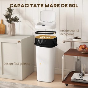 HOMCOM Coș de gunoi cu senzor infraroșu, 50L, 2 moduri de deschidere, suprafață antiamprentă, alb | Aosom Romania