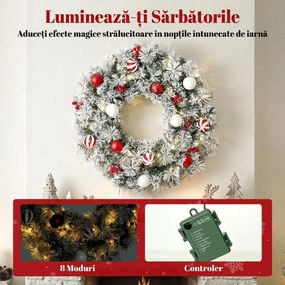 HOMCOM Coroniță de Crăciun Înzăpezită, 60 cm, cu Lumini LED, 8 Moduri, 140 Ramuri, 8 Fructe Roșii și 15 Globuri Decorative, Verde | Aosom Romania